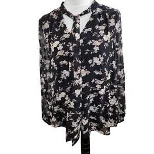 Daniel Rainn Black Floral Tie Neck Blouse Long Sleeve Sheer Womens Size Medium‎